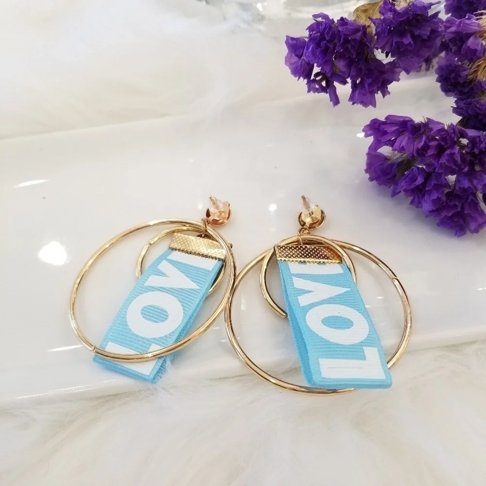 Blue LOVE ribbon earrings